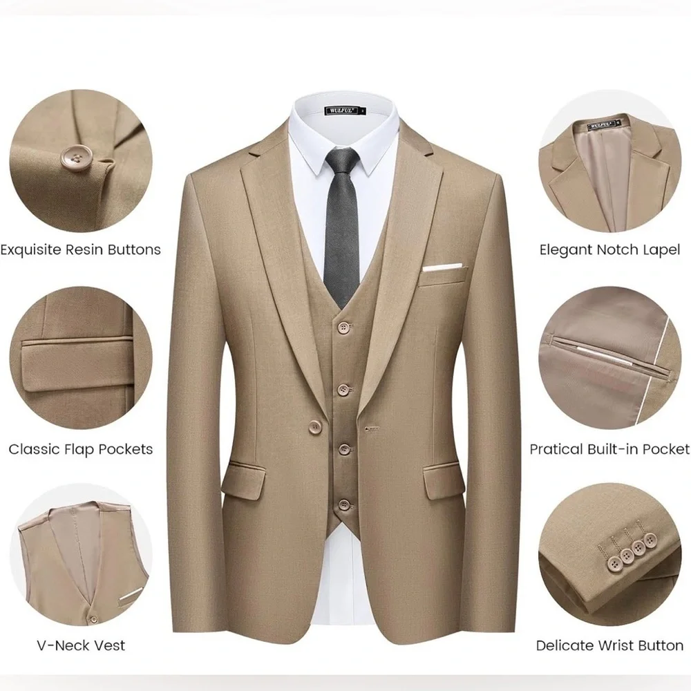 WULFUL Men's Slim Fit One Button 3-Piece Suit-Blazer, Vest, & Pant